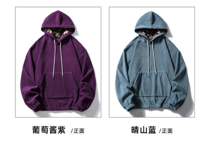 Black Fleet American Casual Style Unisex Versatile Hooded Warm Top Couple Style Hiking Fleece Solid Color Sweatshirt