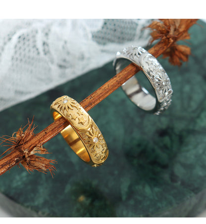 Niche Entry Luxury Zircon Embossed Star Moon Shape Shining Zircon Design Ring Titanium Steel Bracelet Girl's Jewelry