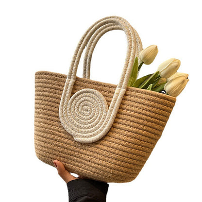 Contrast Cotton Rope Woven Handbag Women's Bag Korean Style Bag New Large Capacity Stylisse Handbag All-match Tote Bag