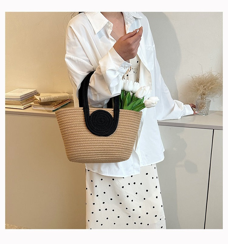 Contrast Cotton Rope Woven Handbag Women's Bag Korean Style Bag New Large Capacity Stylisse Handbag All-match Tote Bag