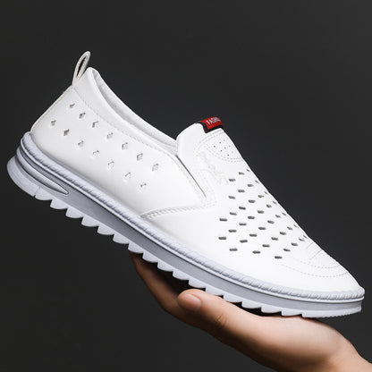 Hollow-Out Leather Shoes for Men, Summer Breathable Soft Leather Low-Top Business Casual Versatile Slip-On Perforated Dad Shoes