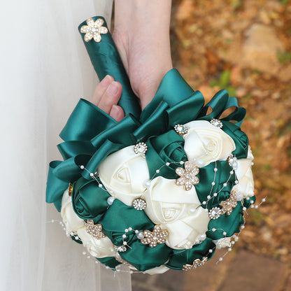 Amazon Supply Dark Green Bride Bridesmaid Simulated Satin Rose Bouquet Church Wedding Supplies Wholesale