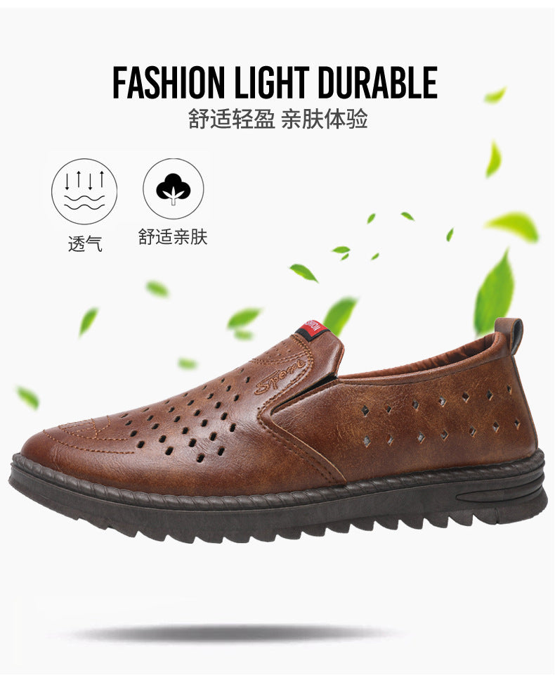 Hollow-Out Leather Shoes for Men, Summer Breathable Soft Leather Low-Top Business Casual Versatile Slip-On Perforated Dad Shoes