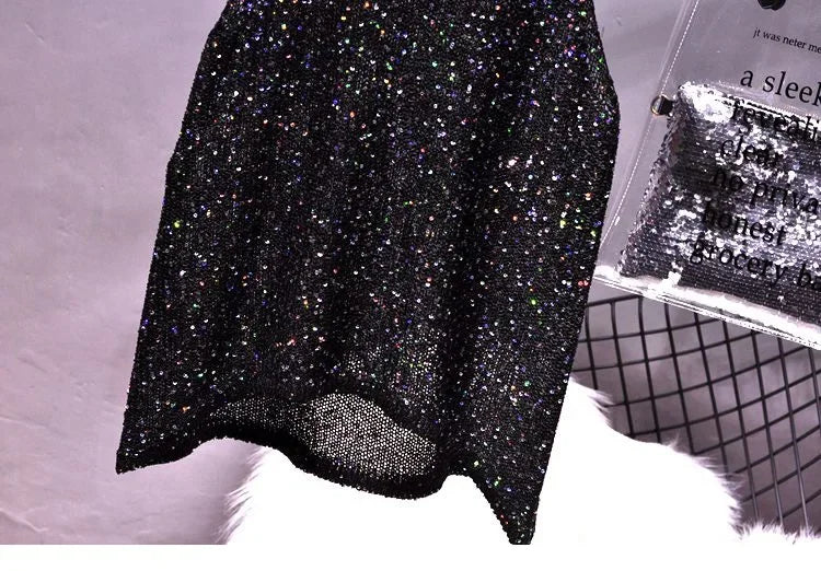 All-Match Summer New Sexy Shoulder Hanging Halter Sequin Strap Ware Shoulder Flash Knitted Hollow Vest Top for Women