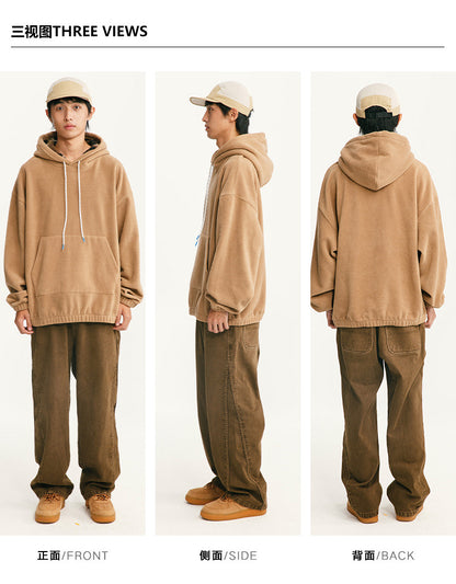 Black Fleet American Casual Style Unisex Versatile Hooded Warm Top Couple Style Hiking Fleece Solid Color Sweatshirt