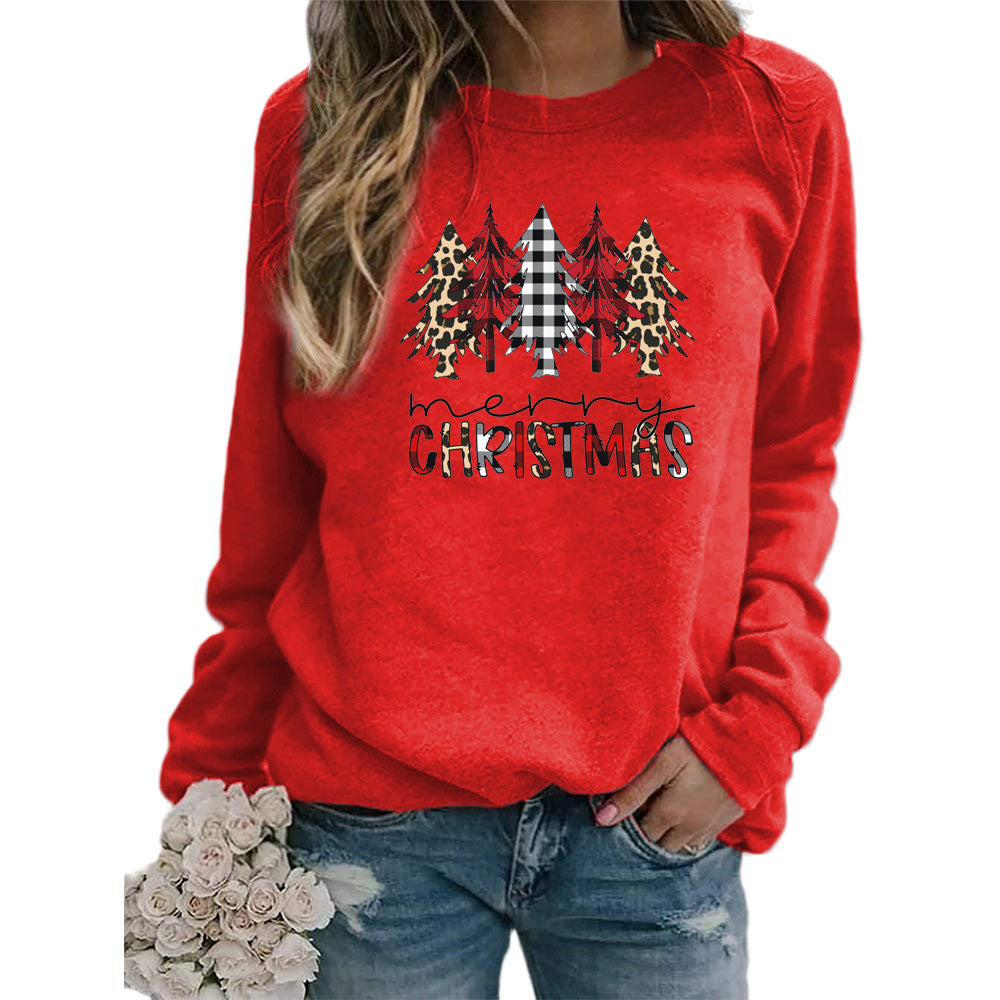 Leopard Red Plaid Christmas Tree Merry Christmas Print Round Neck European and American Women's Autumn and Winter Sweat