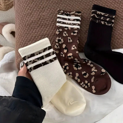Socks Women's Mid-length Socks Spring and Autumn Korean Style Fashionable Socks Spotted Leopard Print Stockings All-match Non-slip Women's High Socks