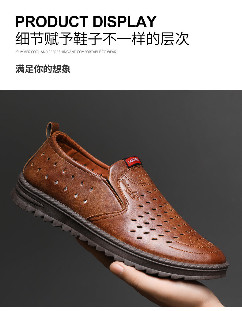 Hollow-Out Leather Shoes for Men, Summer Breathable Soft Leather Low-Top Business Casual Versatile Slip-On Perforated Dad Shoes