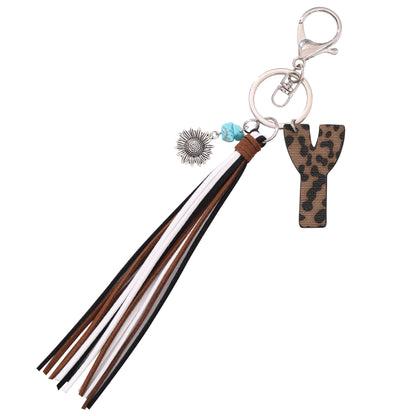 New Western Denim Style Leopard Oil-trimmed Leather Letter A Korean Velvet Tassel Combination Keychain Pendant Bag