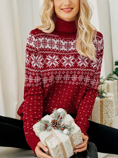 Cross-Border Autumn and Winter New Jacquard Pullover Red Turtleneck Christmas Sweater European and American Foreign Trade Snowflake Knitted Bottoming Shirt