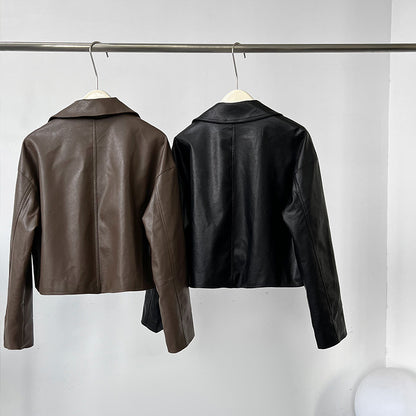 cool handsome high sense ~ lapel leather coat women's spring and autumn Hong Kong style PU leather jacket motorcycle top trendy 9595