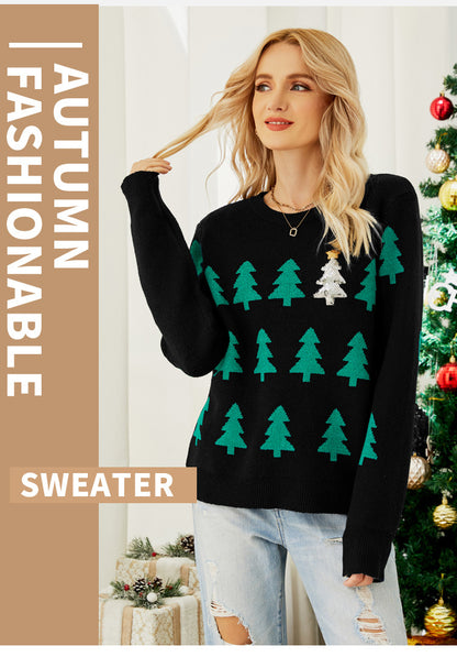 Shein Amazon European and American Women's Autumn and Winter Pullover Jacquard Christmas Tree Knitted Shirt Long Sleeve Red Christmas Sweater
