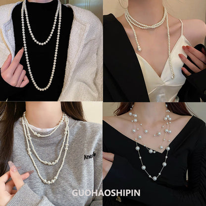 Shijiazu stacked with long pearl necklace women's light luxury temperament sweater chain Joker high sense autumn and winter necklace