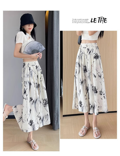 2025 Summer Thin Chiffon Wide-Leg Pants Women's Cropped Culottes Elastic Waist Small National Style Pants New Style Skirt