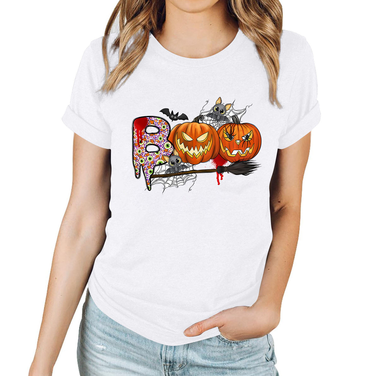 Cartoon Halloween Pumpkin Print Cross-Border Spring and Summer New Spot Multi-Color Cvc Pull-Up 180g Round Neck Short Sleeves