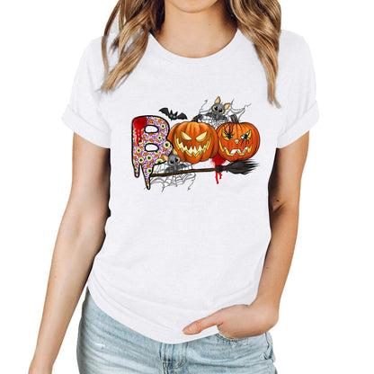 Cartoon Halloween Pumpkin Print Cross-Border Spring and Summer New Spot Multi-Color Cvc Pull-Up 180g Round Neck Short Sleeves