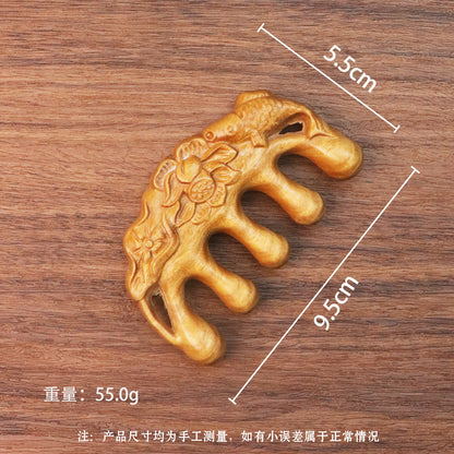 Golden silk sandalwood lotus fish carved massage comb scalp head massage wide tooth comb small comb solid wood comb meridian comb