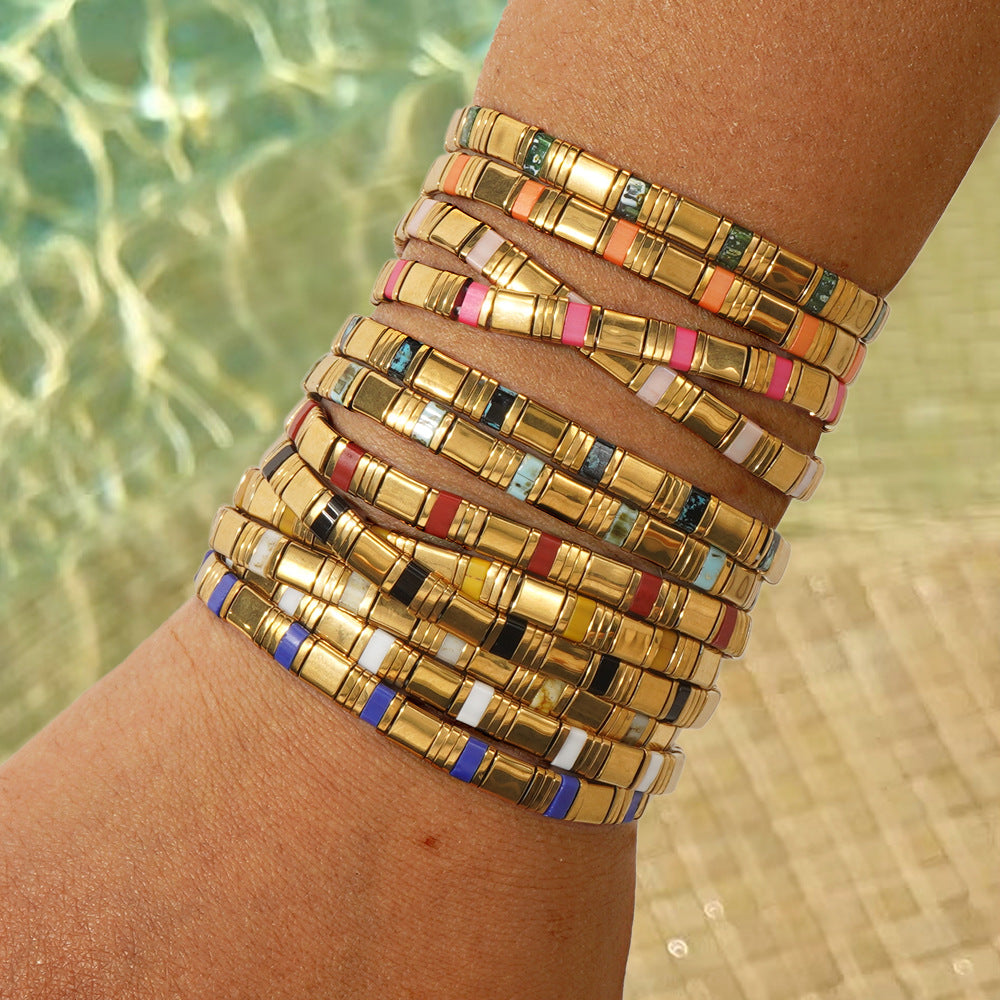 European and American Ins-style Multicolor Tila Bracelet suit Gold Black Gallstone Stitching Hand-woven Elastic Waterproof Bracelet