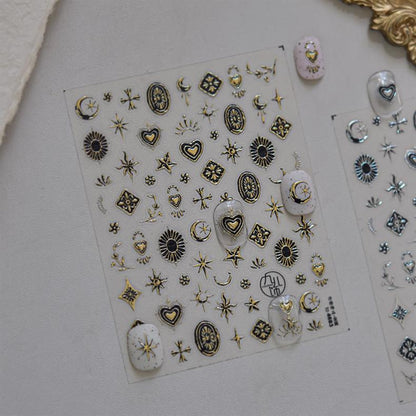 Metal Star and Moon Nail Art Stickers Embossed New 3D Stereo Popular Ins Gold and Silver Punk Nail Sticker Decorations