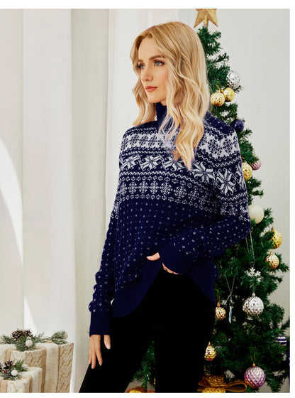 Cross-Border Autumn and Winter New Jacquard Pullover Red Turtleneck Christmas Sweater European and American Foreign Trade Snowflake Knitted Bottoming Shirt