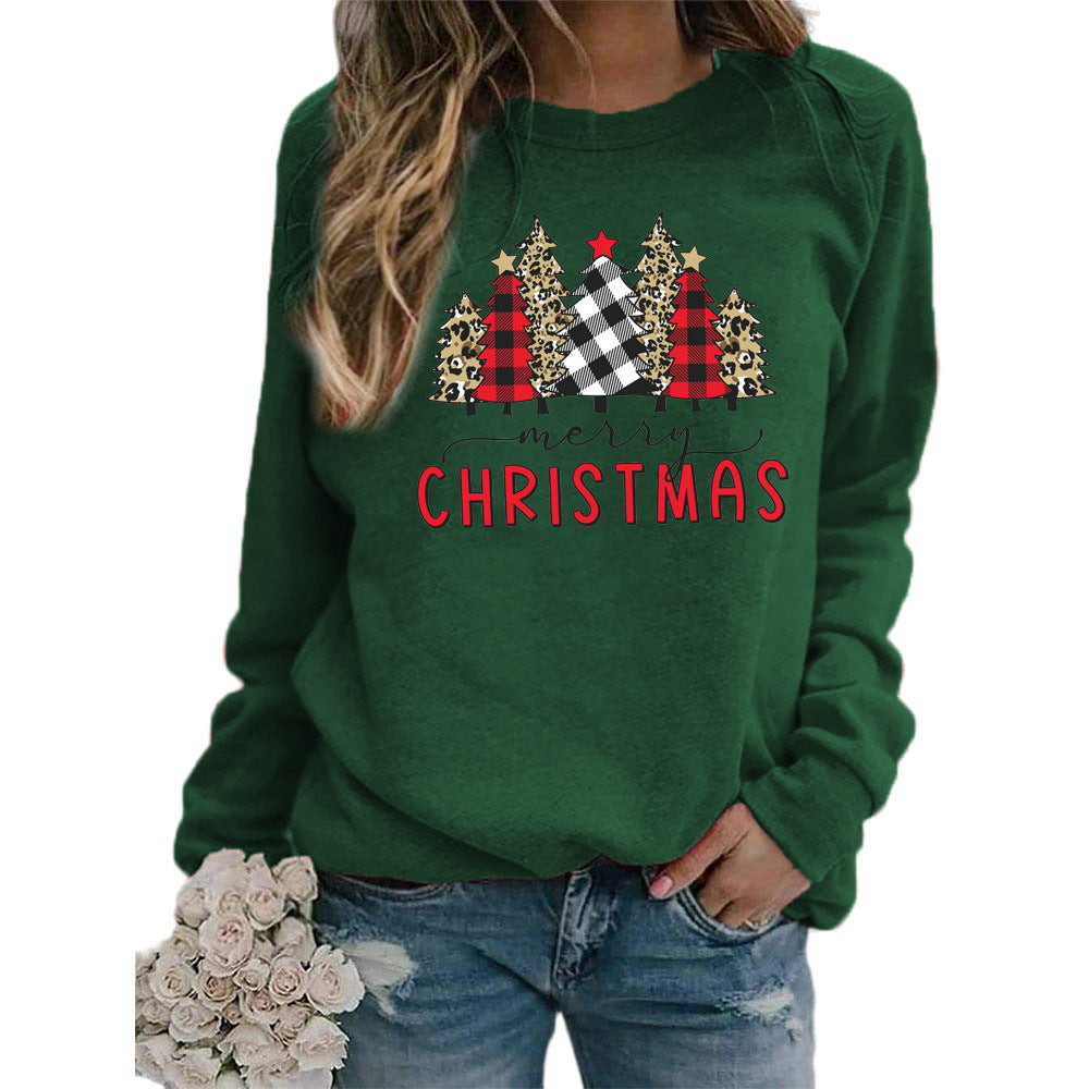 Plaid Christmas Tree merry Christmas Printed Round Neck Sweat European and American Women's Autumn and Winter Top Cross Border
