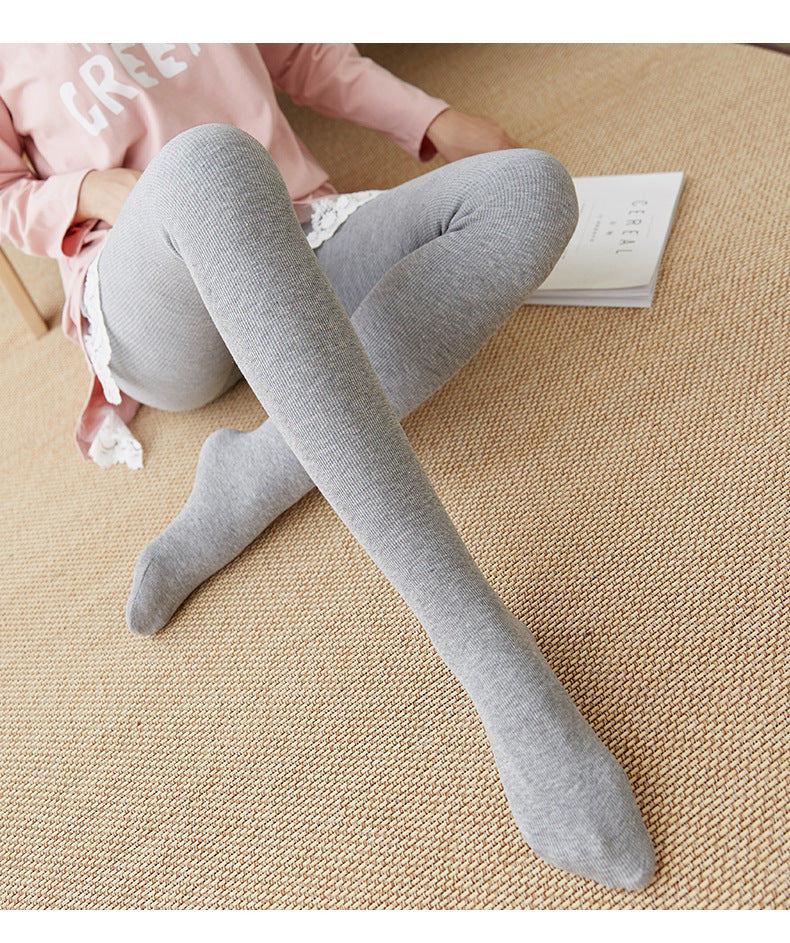 Autumn and Winter Fleece-Lined Thickened Vertical Striped Gray Leggings Ribbed Cotton Outerwear Footed Thermal Pants Women's Tights