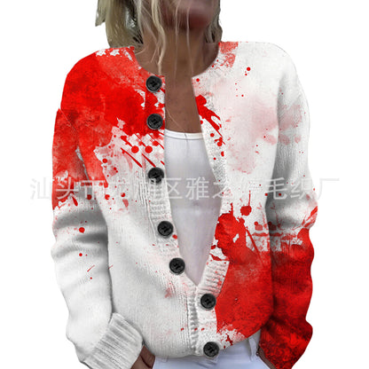 Ll-Yk1 Halloween Cardigan Round Neck Long-Sleeved 3D Printed Sweater European and American Cross-Border Casual Women's Clothing Amazon Theme