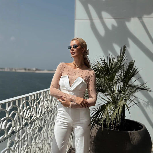 In Stock | White Bubble Bead Jumpsuit, Fashionable Casual Two-Piece Set, High-End European and American Women's Clothing, European and American Style.
