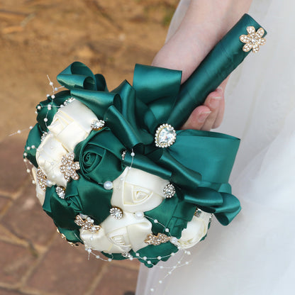 Amazon Supply Dark Green Bride Bridesmaid Simulated Satin Rose Bouquet Church Wedding Supplies Wholesale