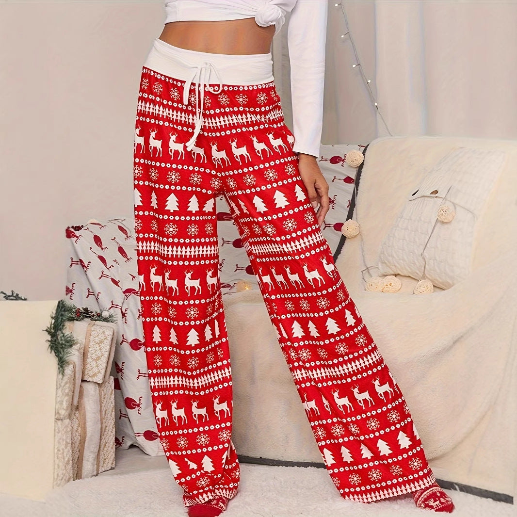 Cross-border Christmas Trousers for Christmas Performance High Waist Lace-up Stitching Elk Christmas Tree Printed Red Trousers