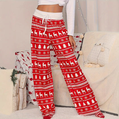 Cross-border Christmas Trousers for Christmas Performance High Waist Lace-up Stitching Elk Christmas Tree Printed Red Trousers