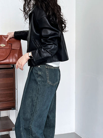 cool handsome high sense ~ lapel leather coat women's spring and autumn Hong Kong style PU leather jacket motorcycle top trendy 9595