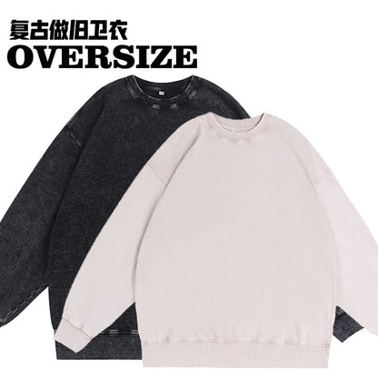 350g American Washed Retro Round Neck Sweatshirt Cross-Border Large Size Terry Drop Shoulder Distressed Pullover Washed Sweatshirt for Men