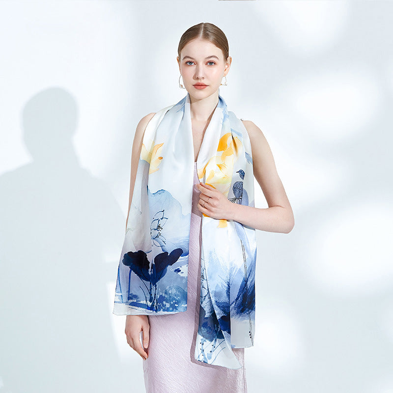 Suzhou and Hangzhou long silk scarf high-grade mulberry silk scarf pure silk women's vintage scarf crepe satin shawl