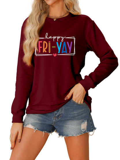 Amazon Ebay Round Neck Sweatshirt Happy Fri Yay Fun Letters Casual Fashion Long-Sleeved Tops in Stock