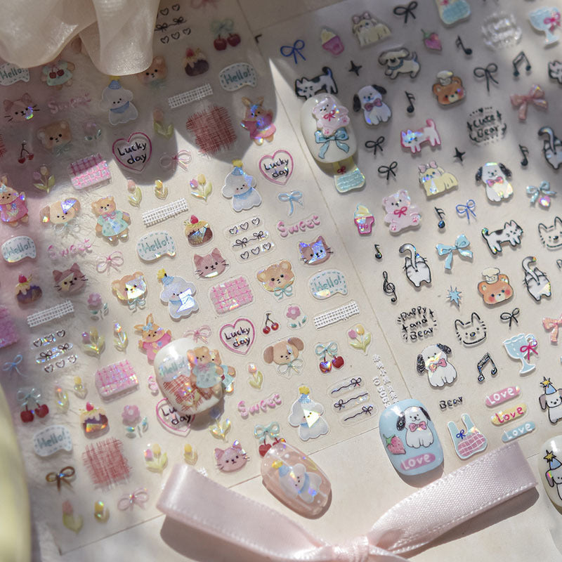 Cute Pet Graffiti Nail Art Stickers Embossed 3D Stereo 5D Cute Little Panda Cat Dog Nail Sticker Decoration