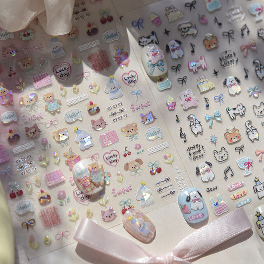 Cute Pet Graffiti Nail Art Stickers Embossed 3D Stereo 5D Cute Little Panda Cat Dog Nail Sticker Decoration