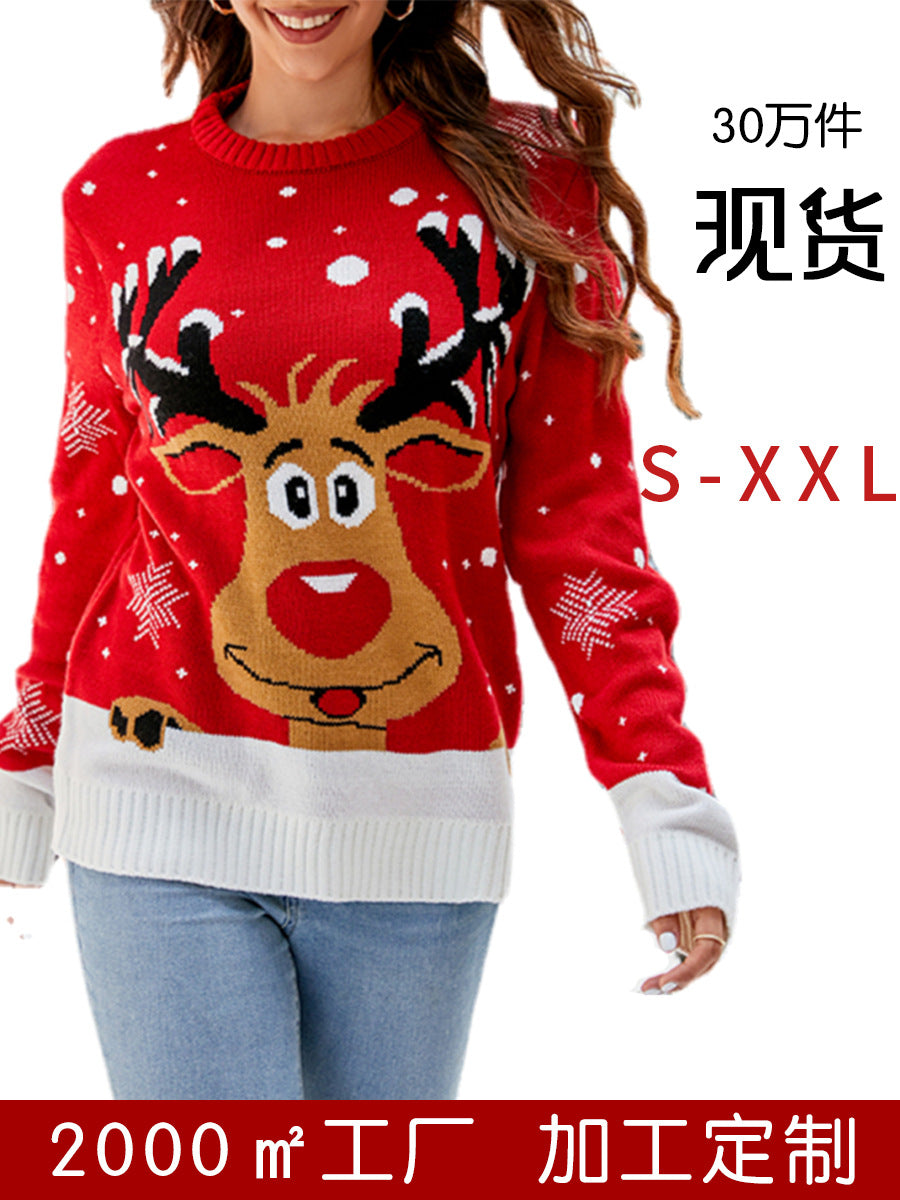 Amazon European and American Cartoon Elk Christmas Sweater Autumn and Winter 2023 New Foreign Trade Casual Round Neck Knitted Top