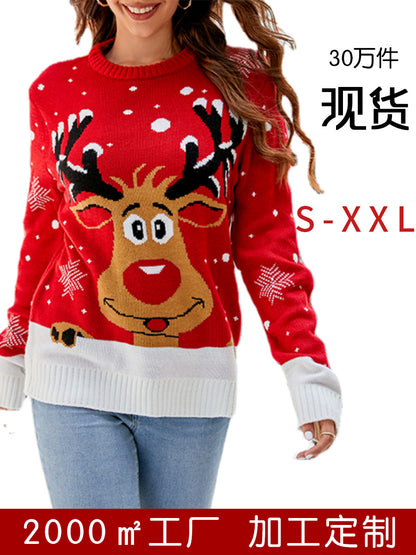 Amazon European and American Cartoon Elk Christmas Sweater Autumn and Winter 2023 New Foreign Trade Casual Round Neck Knitted Top
