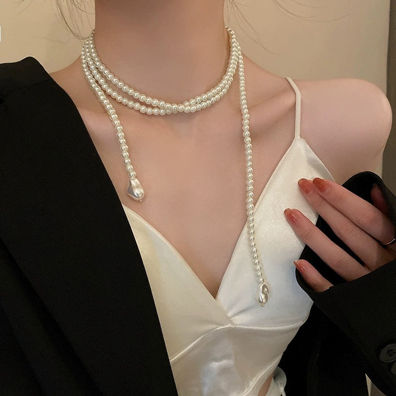 Shijiazu stacked with long pearl necklace women's light luxury temperament sweater chain Joker high sense autumn and winter necklace