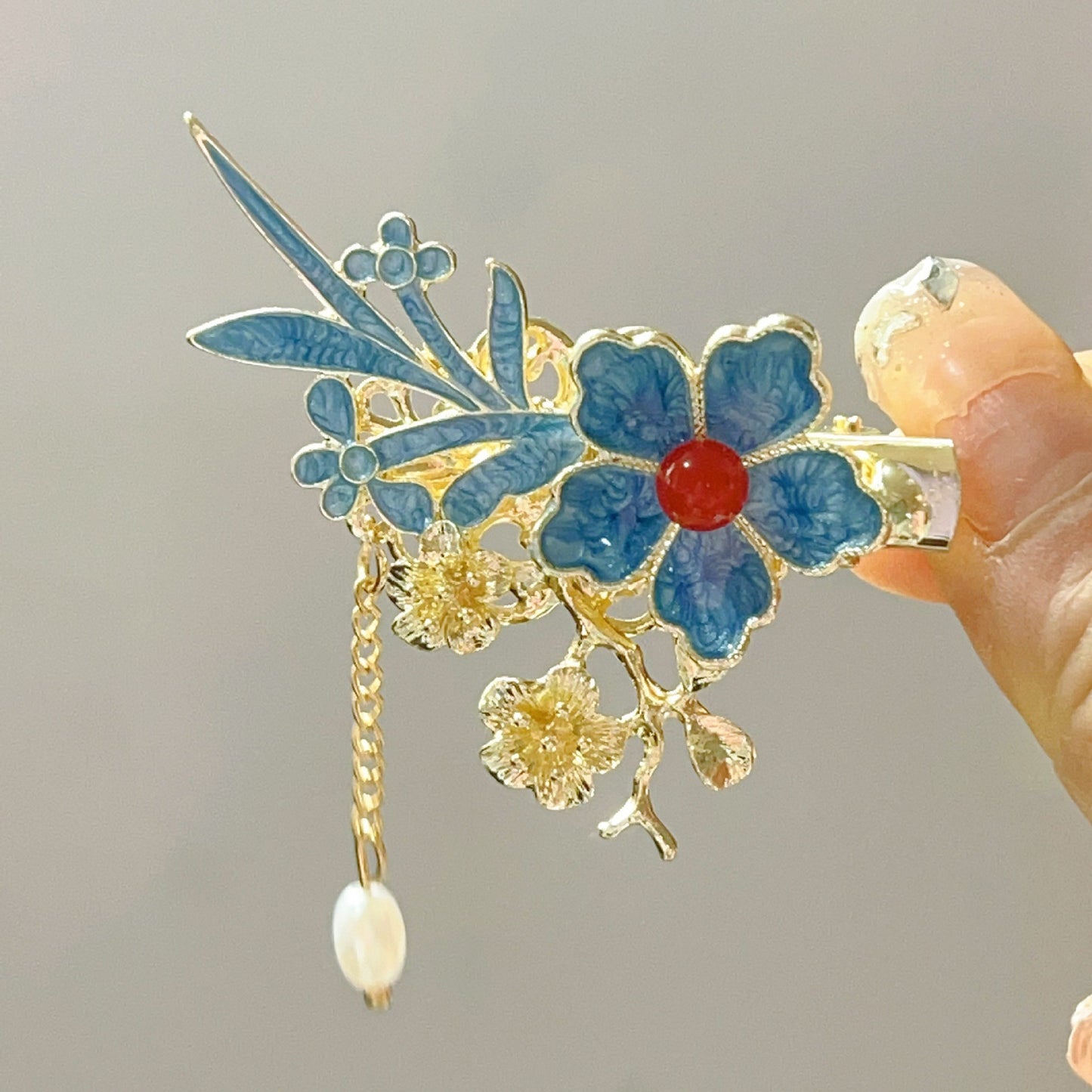 Antique Style Burned Blue Cloud Pearl Hairpin New Chinese Tassel Side Clip Advanced Sense Clip Hair Accessories Headwear Hair Clip