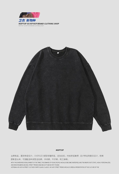 Trendy Brand Heavyweight Pure Cotton Terry 400g Washed Distressed Crew Neck Sweatshirt Hoodie Retro Sweatshirt with Printed Logo