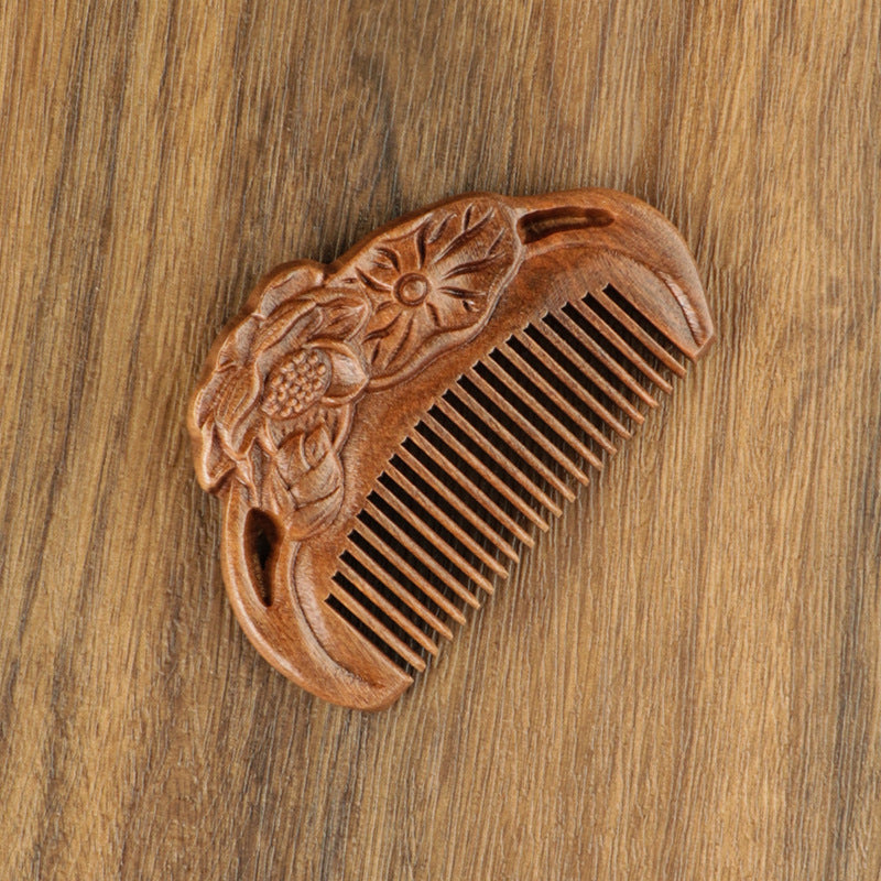 Golden silk sandalwood lotus fish carved massage comb scalp head massage wide tooth comb small comb solid wood comb meridian comb