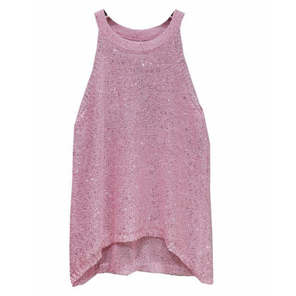 All-Match Summer New Sexy Shoulder Hanging Halter Sequin Strap Ware Shoulder Flash Knitted Hollow Vest Top for Women