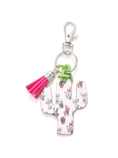 New Wooden Cactus Keychain Leopard Flower Rainbow Sunflower Striped Printed Bag Car Pendant