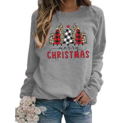 Plaid Christmas Tree merry Christmas Printed Round Neck Sweat European and American Women's Autumn and Winter Top Cross Border