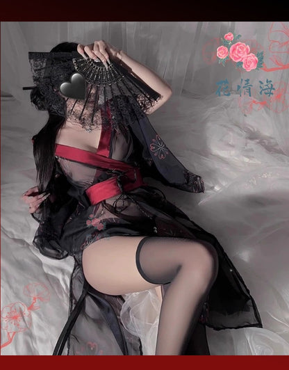 Floral Lingerie Uniform Pure Desire No Need to Take Off Printed Black Japanese Kimono Clothing Set Women A520 Erotic Kimono