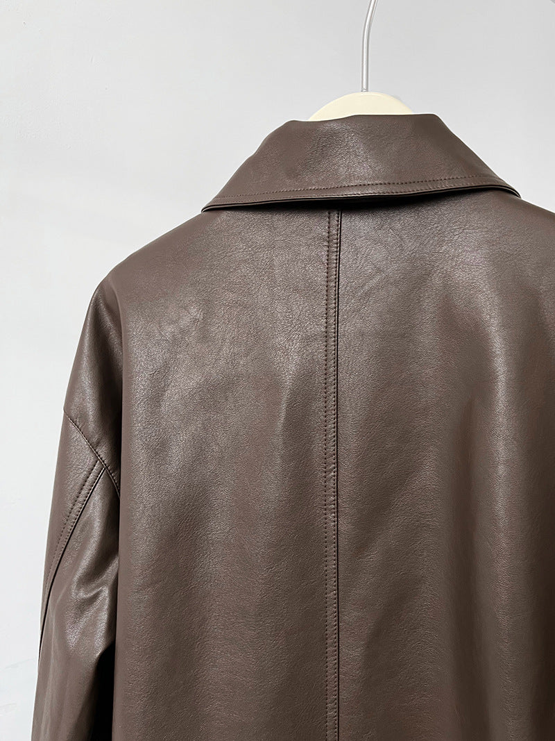 cool handsome high sense ~ lapel leather coat women's spring and autumn Hong Kong style PU leather jacket motorcycle top trendy 9595
