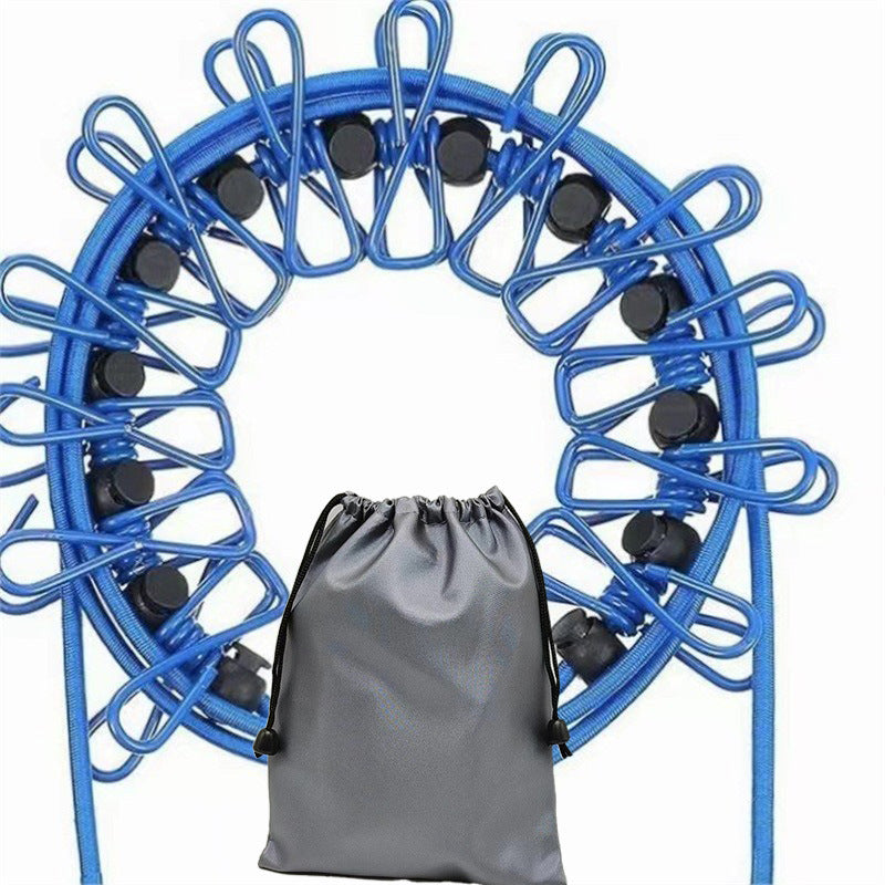 Creative Outdoor Elastic Windproof Clothesline with Positioning Clips, Korean Style Clothesline with 12 Windproof Clips