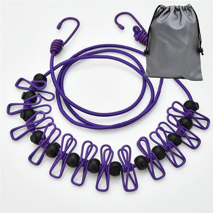 Creative Outdoor Elastic Windproof Clothesline with Positioning Clips, Korean Style Clothesline with 12 Windproof Clips